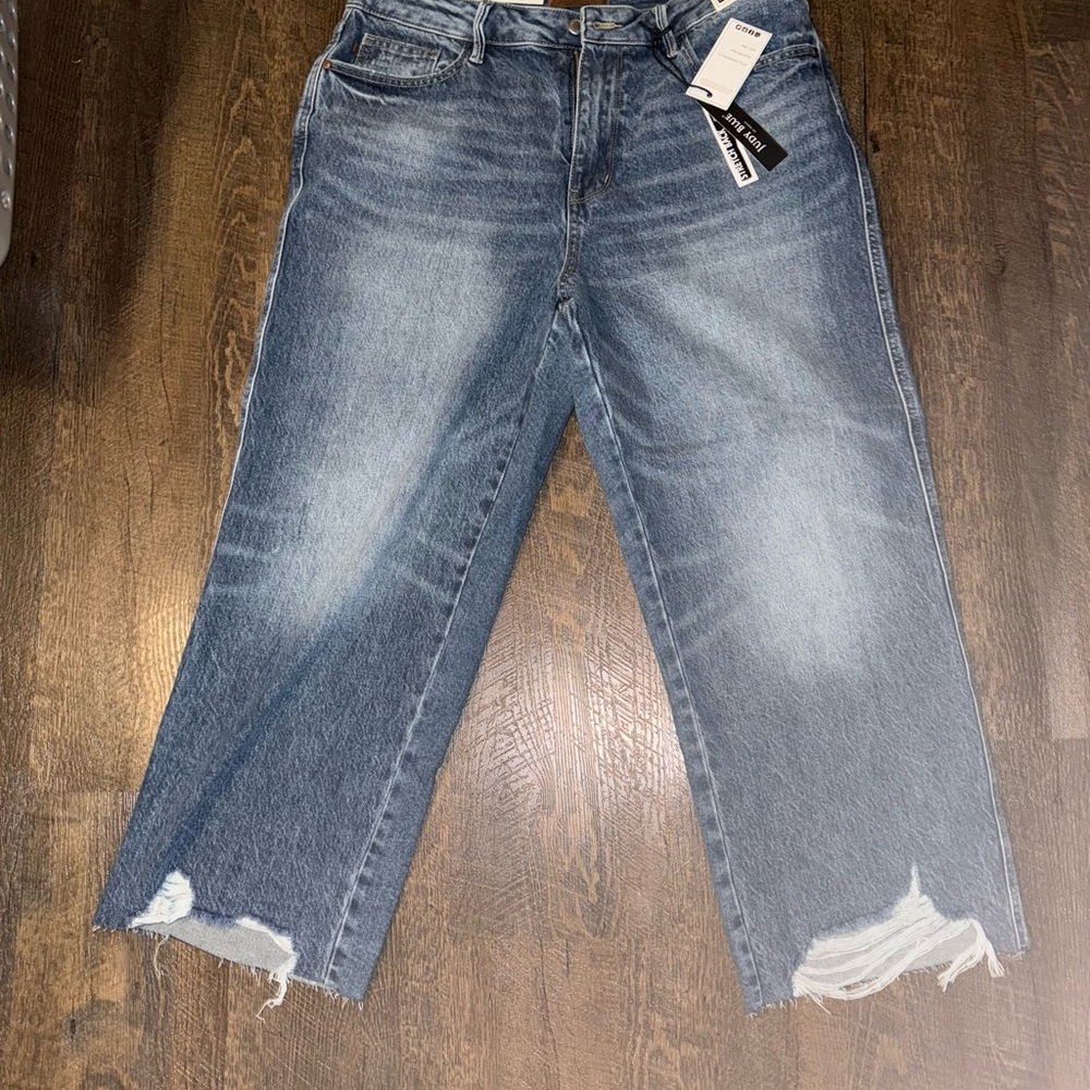 Judy Blue Flare Wide Leg Strigid Blue Jeans with Distressed Hem
